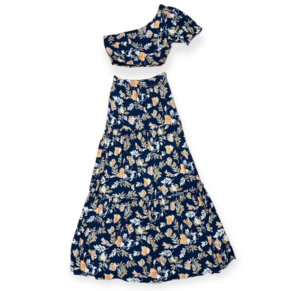 Seven Wonders Elana Crop Top Maxi Skirt Set Women XS One Shoulder Floral Tiered